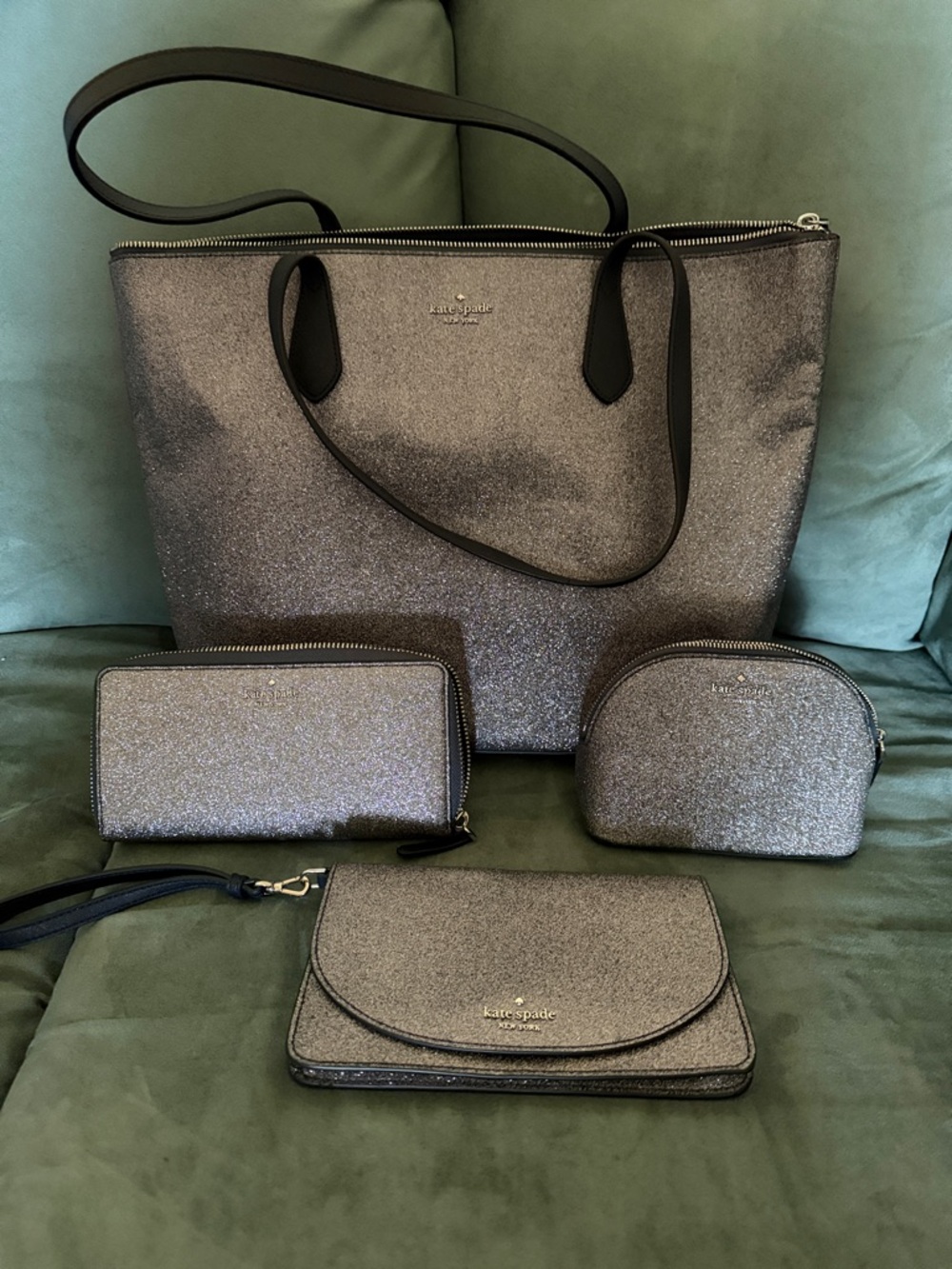 kate spade Metallic Silver Glitter Tote Set with Wallets and Pouch